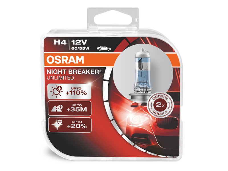 Комплет 2 бр. халогенски сијалици Osram H4 Night Breaker Unlimited 12V, 60/55W, P43t