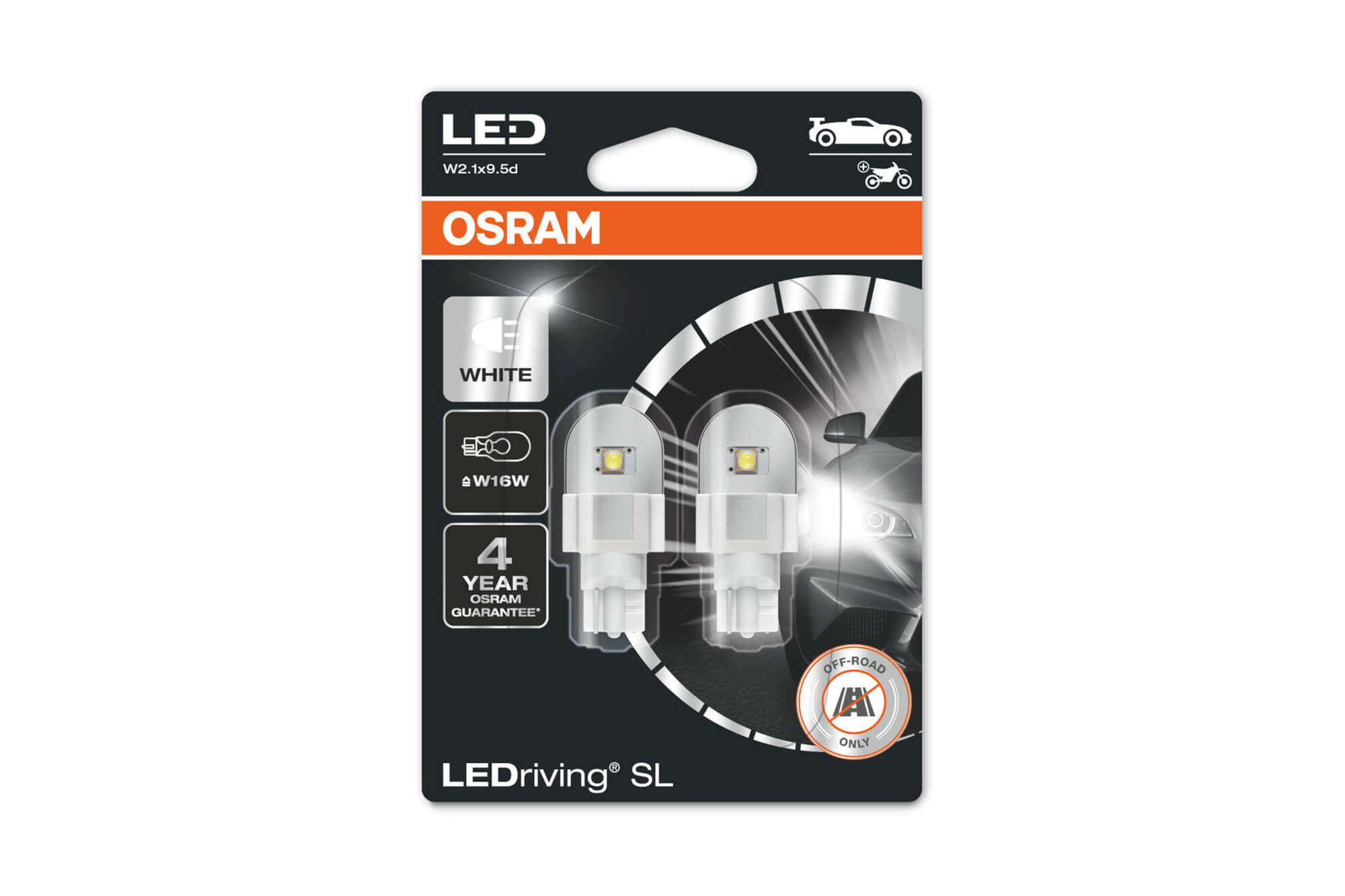 Комплет 2 бројки LED сијалици Osram тип W16W бели 6000K, 280LM, 12V, 2.10W, W2.1x9.5d