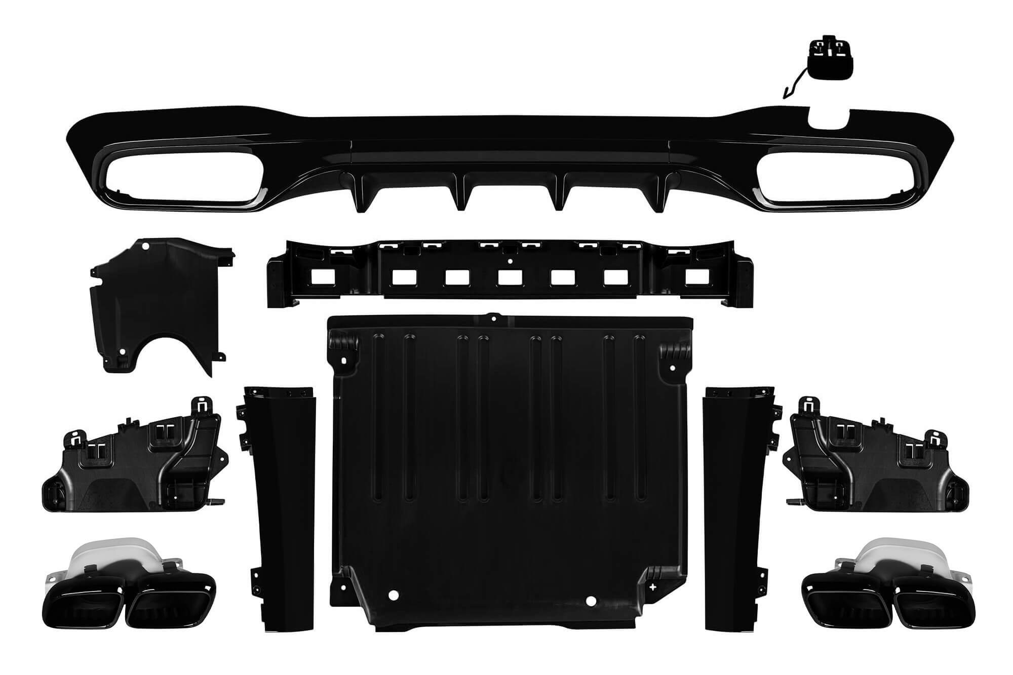 Дифузер  тип C63 со црни  издуви   за заден AMG браник на Mercedes C класа W206 по 2021 година, -oo--oo-, црн лак