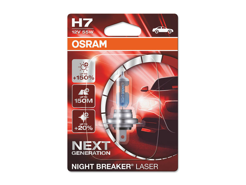 Халогенска сијалица Osram H7 Night Breaker Laser +150% 12V, 55W, PX26D, 1500lm, 1 бр. во блистер