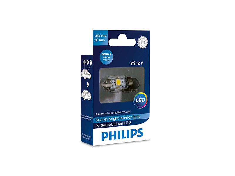 LED ламба Philips тип C5W X-treme Vision 38mm, топло бела, 4000K, 12V, 1W, SV8.5, 1 бр.