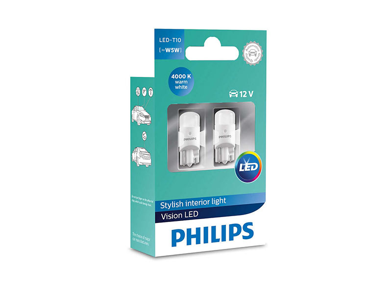 Комплет 2 бр. LED ламби Philips тип W5W Vision топло бели, 4000K, 12V, W2.1X9.5d