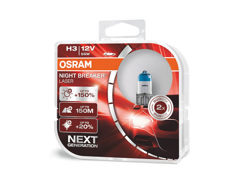 Комплет 2 бр. халогенски сијалици Osram H3 Night Breaker Laser +150% 12V, 55W, PK22s, 1450lm