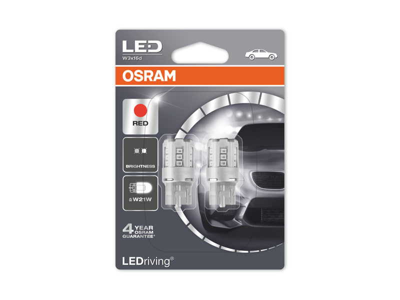 Комплет 2 бр. LED ламби Osram тип W21W црвени, 12V, 3W, W3x16d