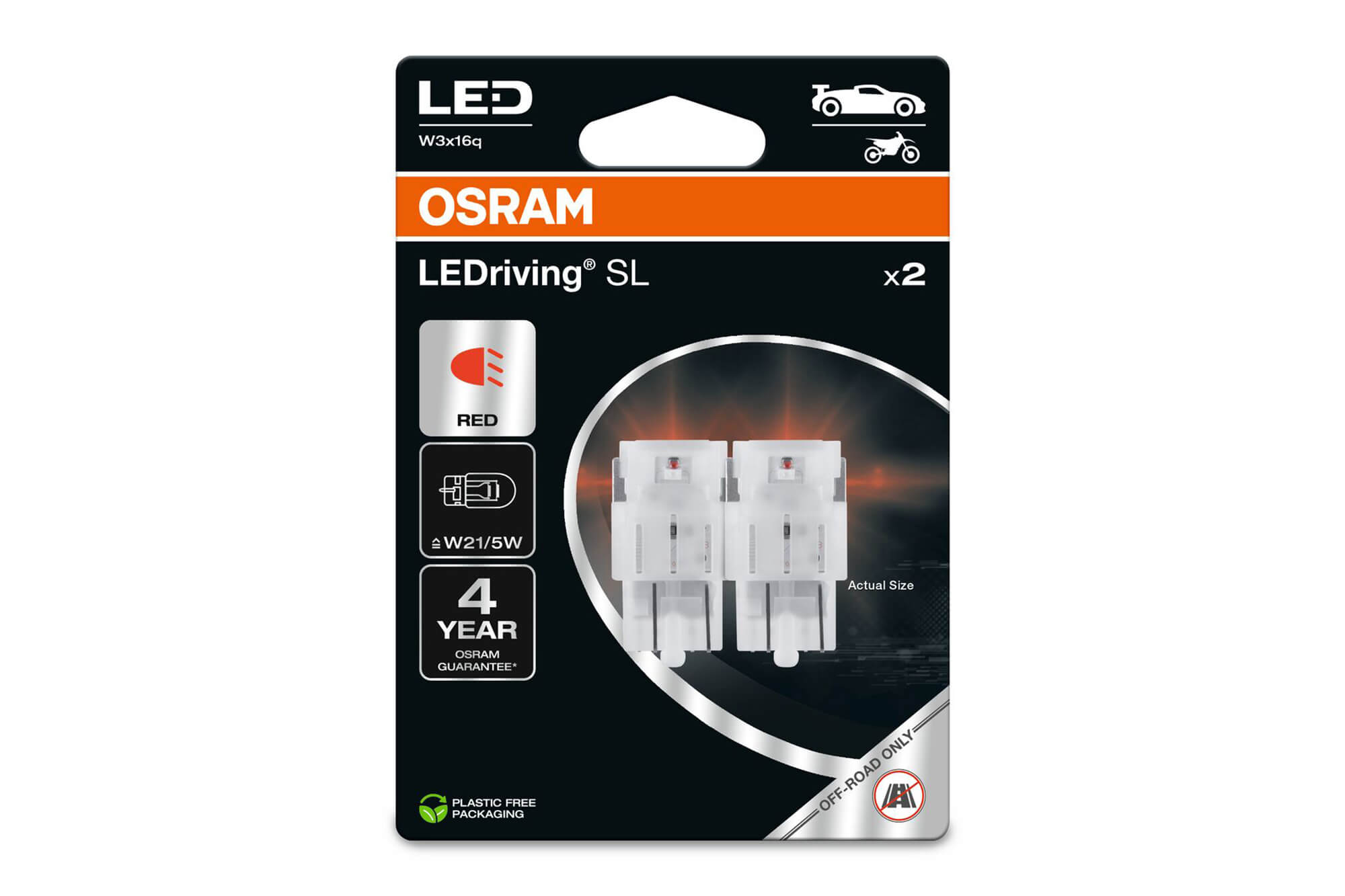 Комплет 2 бројки LED сијалици Osram тип W21/5Wцрвени, 80LM, 12V, 1.70W, W3x16q