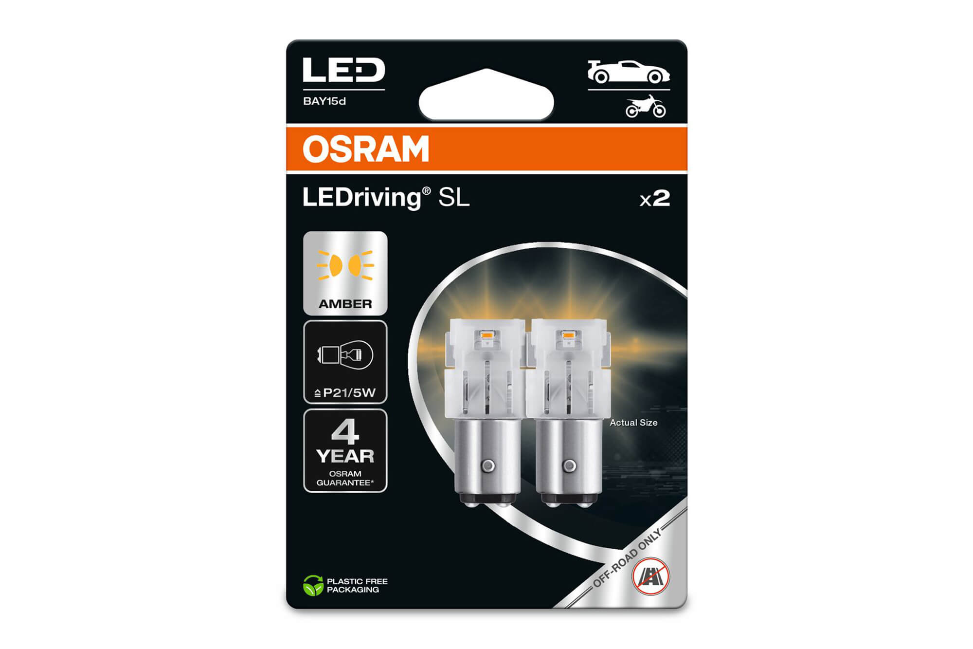 Комплет 2 бројки LED сијалици Osram тип P21/5W кехлибар, 55LM, 12V, 1.30W, BAY15d