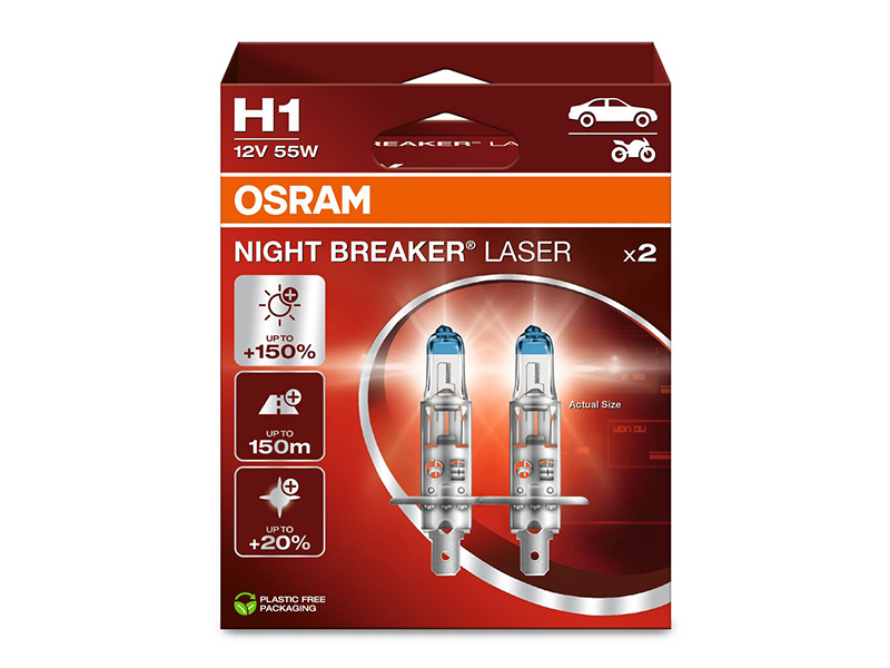 Комплет 2 бр. халогенски сијалици Osram H1 Night Breaker Laser +150% 12V, 55W, P14.5s, 1550lm