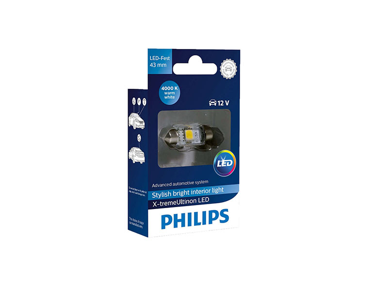 LED ламба Philips тип C5W X-treme Vision 43mm, топло бела, 4000K, 12V, 1W, SV8.5, 1 бр.