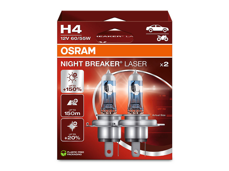 Комплет 2 бр. халогенски сијалици Osram H4 Night Breaker Laser +150% 12V, 60/55W, P14.5s, 1650/1000lm