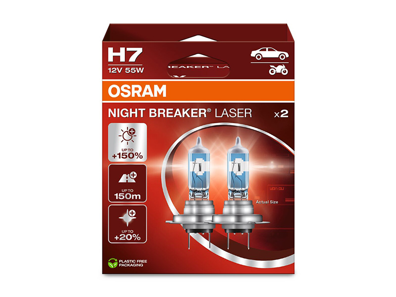 Комплет 2 бр. халогенски сијалици Osram H7 Night Breaker Laser +150% 12V, 55W, PX26D, 1500lm