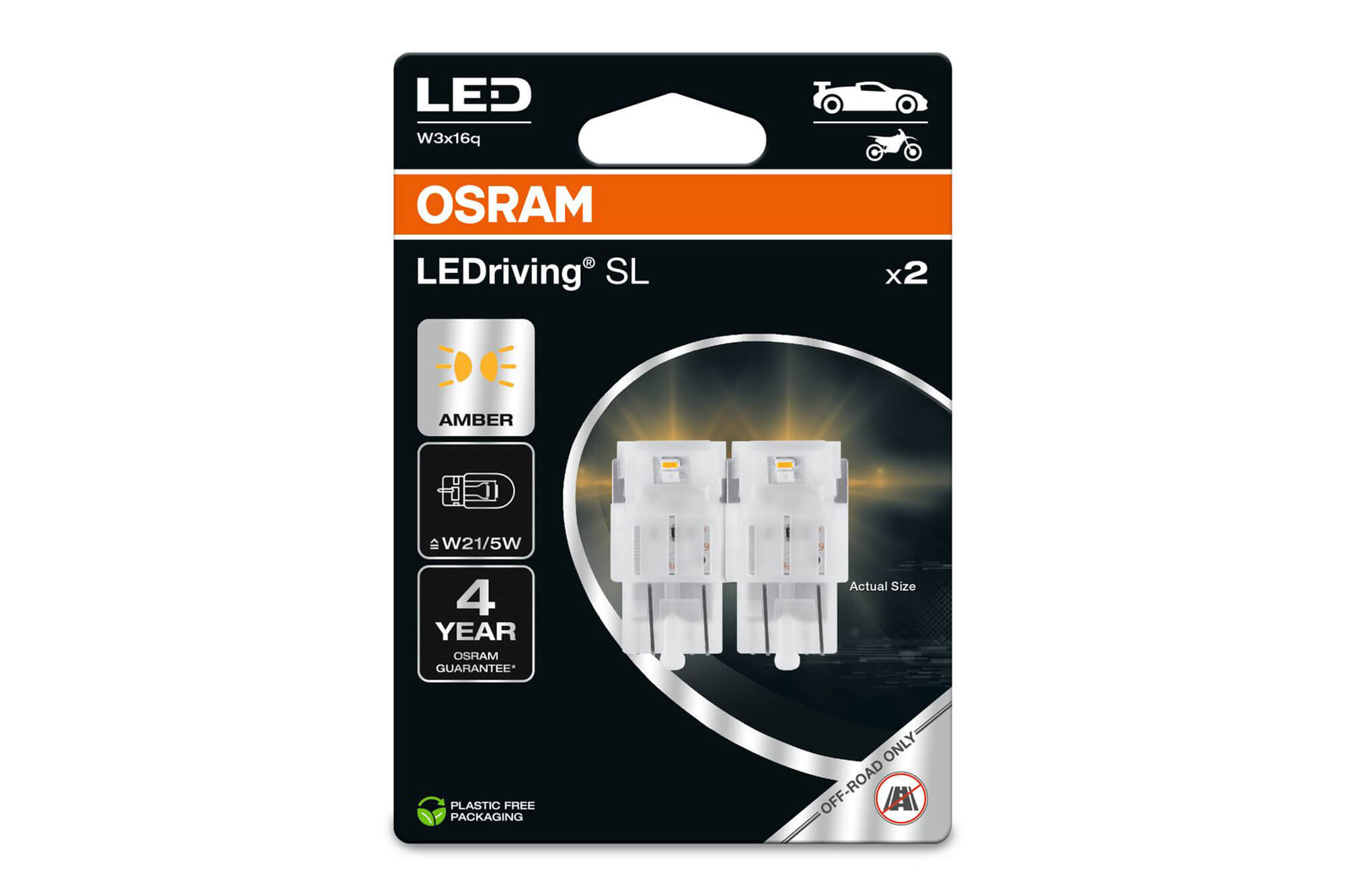 Комплет 2 бројки LED сијалици Osram тип W21/5W кехлибар, 55LM, 12V, 1.30W, W3x16q