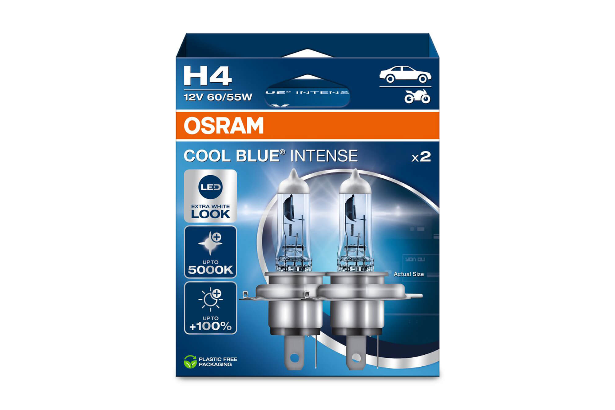 Комплет 2 бројки Халогенски сијалици H4 Osram Cool Blue Intense Next Gen 12V, 60/55W, P43t, 5000K, 1650/1000lm