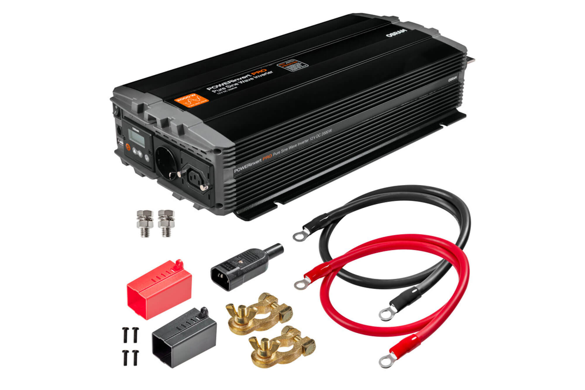 Монофазен струен инвертер Osram Pure Sine Wave Inverter 12V DC, 2000W RDC, 196A, 50-60Hz, 200-240Vrms, со еден стандартен контакт и еден контакт тип IEC320