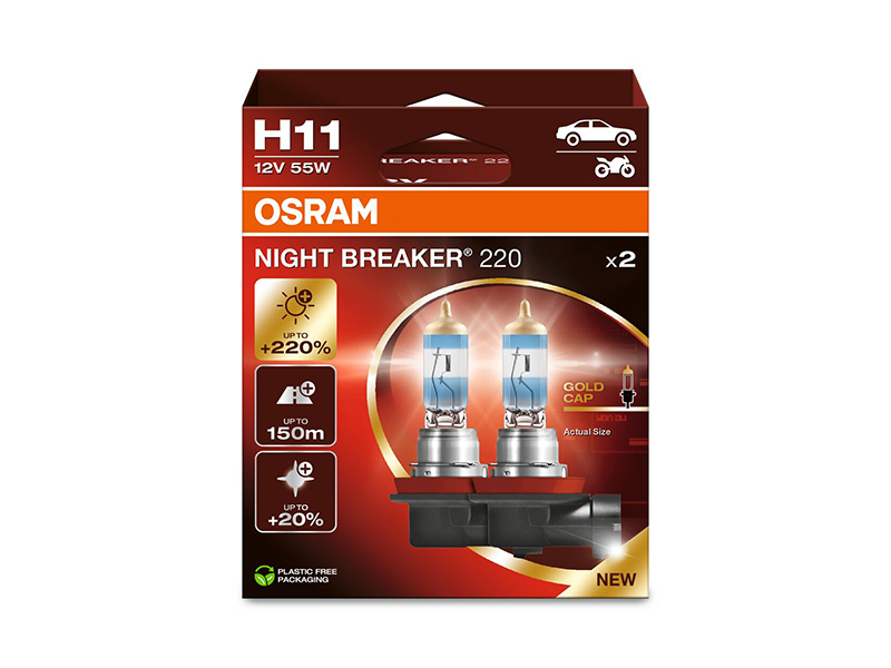 Комплет 2 бројки Халогенски сијалици Osram H11 Night Breaker 220 12V, 55W, PGJ19-2, 1350lm