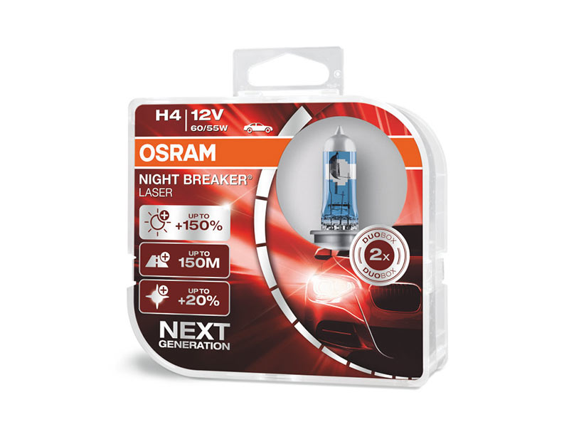 Комплет 2 бр. халогенски сијалици Osram H4 Night Breaker Laser +150% 12V, 60/55W, P14.5s, 1650/1000lm