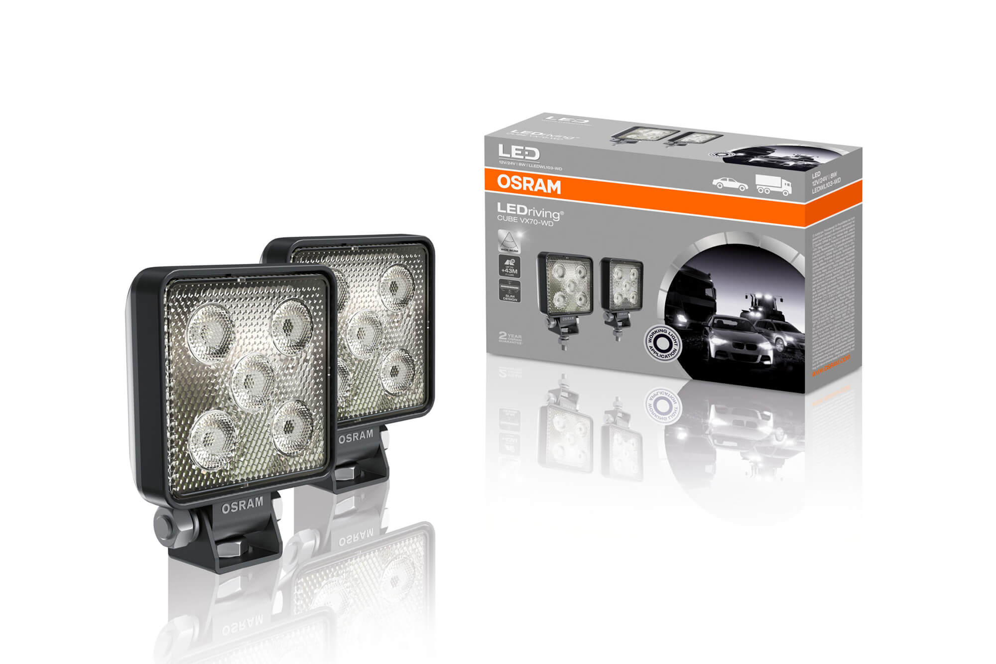 Комплет 2 бројки квадратни LED барове Osram Cube VX70-WD 97x73x31mm, 6000K, 550LM, 24W, 12/24V, IP67, E-mark E4