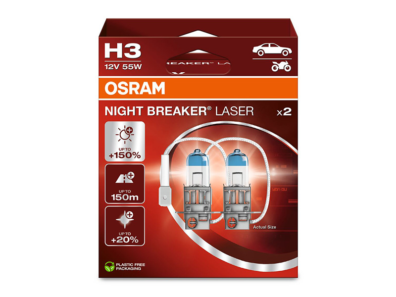 Комплет 2 бр. халогенски сијалици Osram H3 Night Breaker Laser +150% 12V, 55W, PK22s, 1450lm