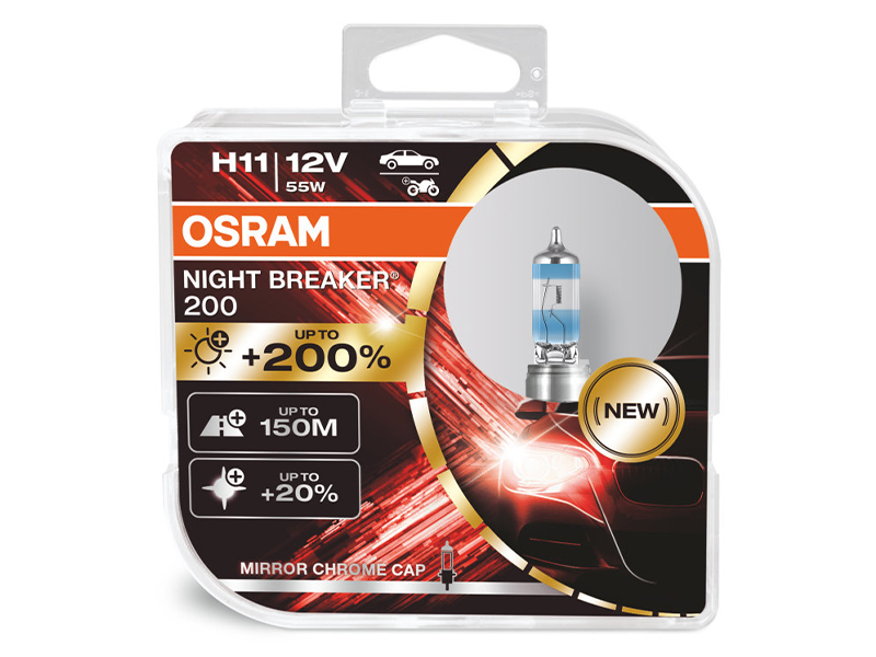 Комплет 2 бројки Халогенски сијалици Osram H11 Night Brеaker 200 12V, 55W, PGJ19-2, 3600K, 1350lm