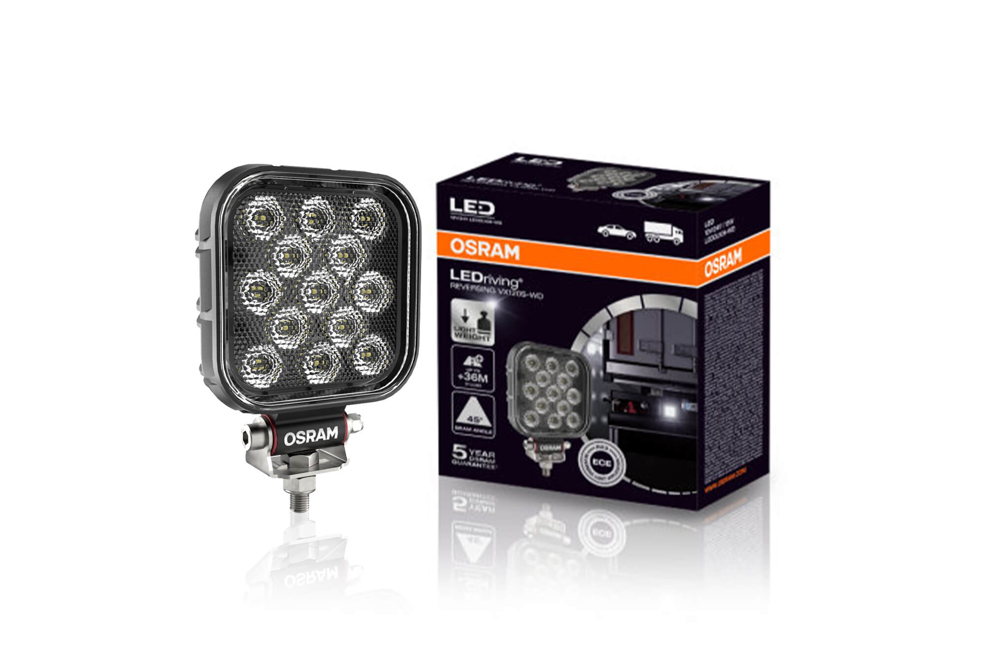 Квадратен LED бар Osram Reversing VX120S-WD за задна светлина, 2700K, 1100LM,  15W, 12/24V, IP69K, E-mark E9