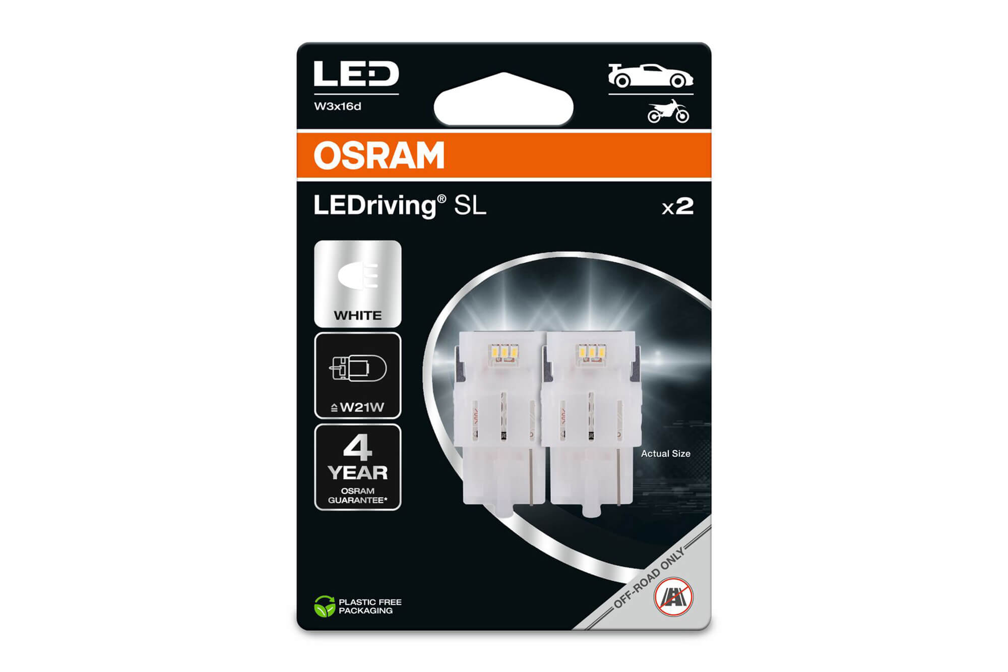 Комплет 2 бројки LED сијалици Osram тип W21W бели 6000K, 145LM, 12V, 2W, W3x16d