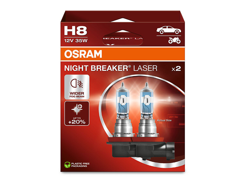 Комплет 2 бр. халогенски сијалици Osram H8 Night Breaker Laser +150% 12V, 35W, PGJ19-1, 800lm