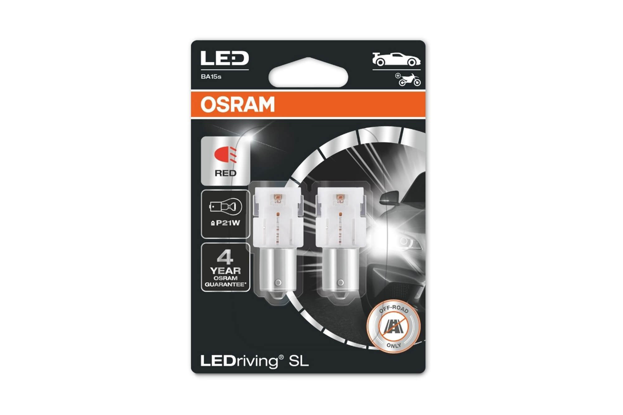 Комплет 2 бројки LED сијалици Osram тип P21W,црвени, 12V, 100LM, 1.40W, BA15s