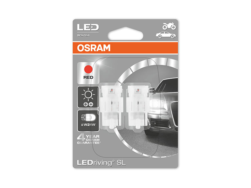 Комплет 2 бр. LED ламби Osram тип W21W, црвени, 12V, 1.4W, W3x16d