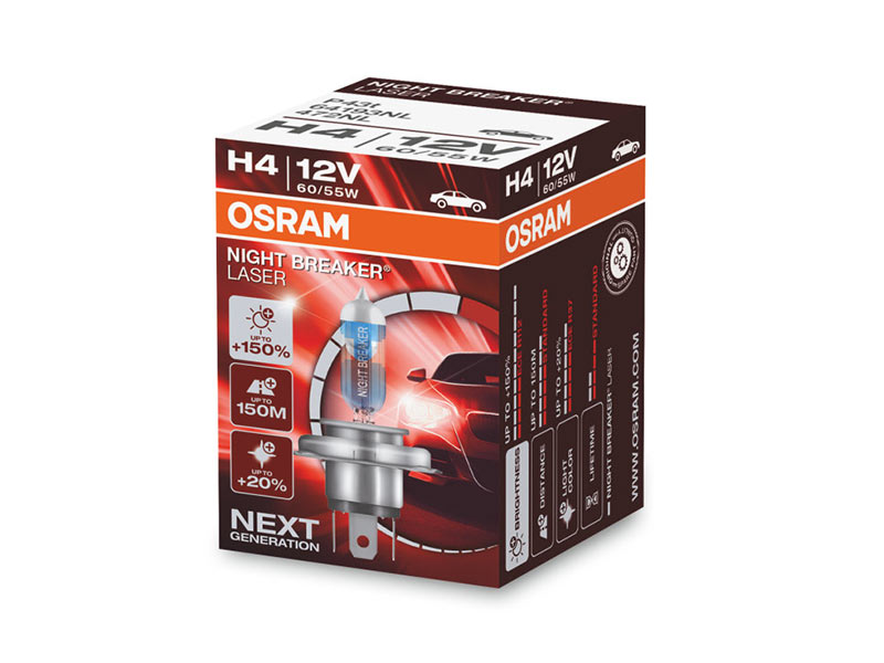 Халогенска сијалица Osram H4 Night Breaker Laser +150% 12V, 60/55W, P14.5s, 1650/1000lm, 1 бр. во кутија