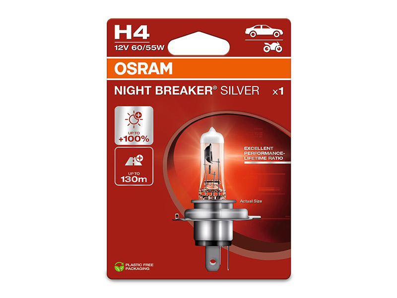 Халогенска сијалица Osram H4 Night Breaker Silver 12V, 60/55W, P43t, 1650/1000lm, 1 бр. во блистер