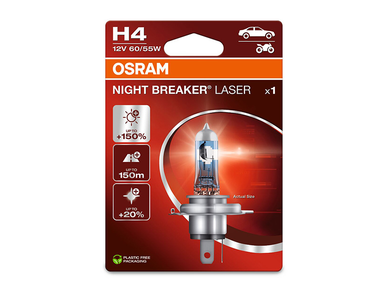 Халогенска сијалица Osram H4 Night Breaker Laser +150% 12V, 60/55W, P14.5s, 1650/1000lm, 1 бр. во блистер