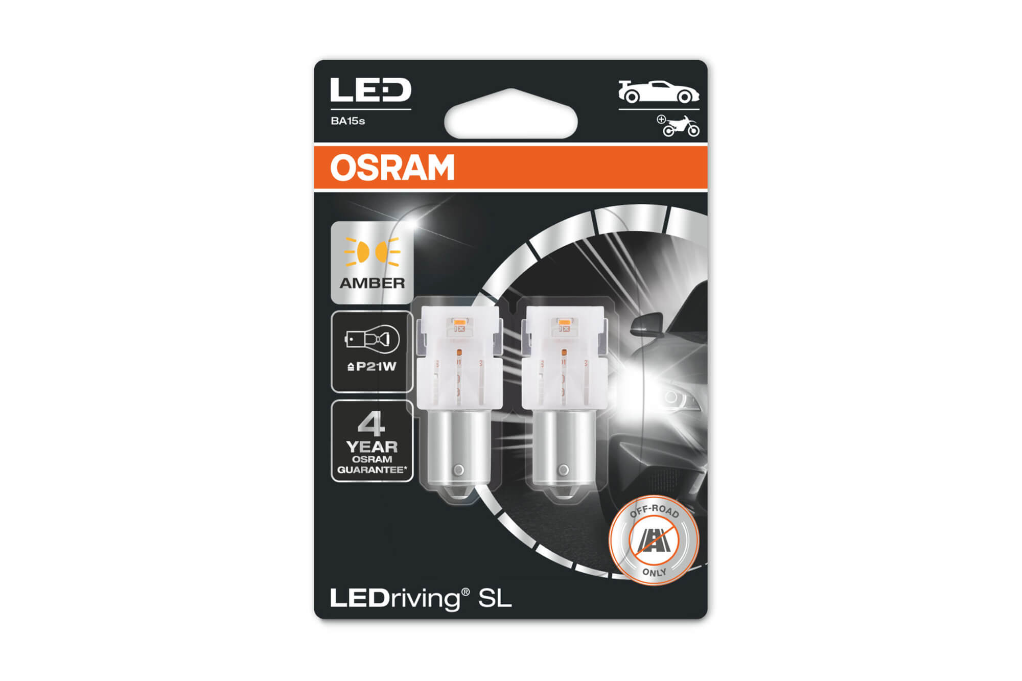 Комплет 2 бројки LED сијалици Osram тип P21W кехлибар, 50LM, 12V, 1.30W, BA15s