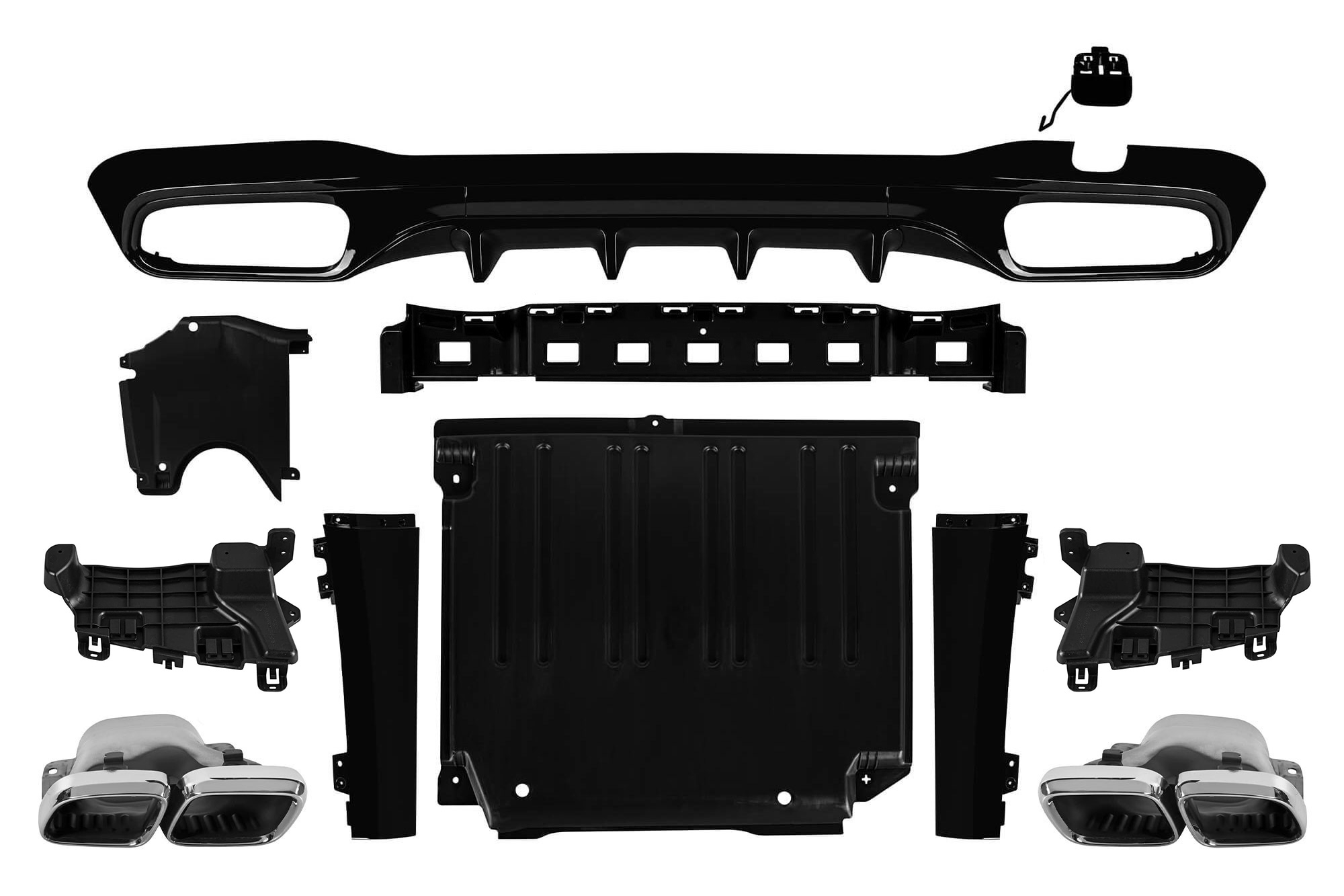 Дифузер  тип C63 со хром издуви   за заден AMG браник на Mercedes C класа W206 по 2021 година, -oo--oo-, црн лак