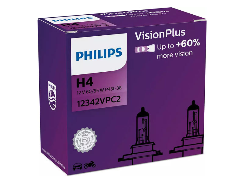 Комплет 2 бр. халогенски сијалици Philips H4 Vision Plus12V, 60/55W, P43T-38