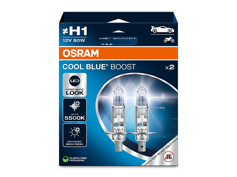 Комплет 2 бр. халогенски сијалици Osram H1 Cool Blue Boost 12V, 80W, P14.5s, 700lm