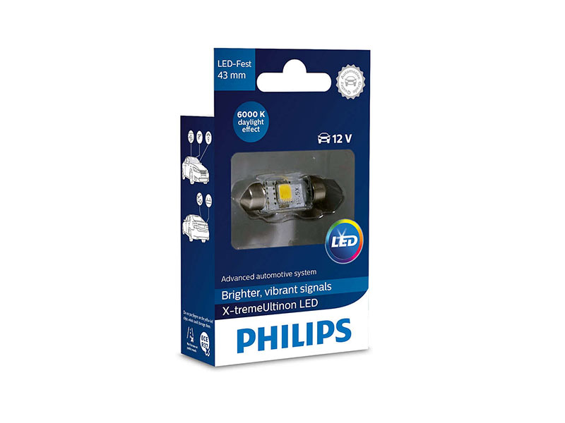 LED ламба Philips тип C5W X-treme Vision 43mm, ладно бела , 6000K, 12V, 1W, SV8.5, 1 бр.