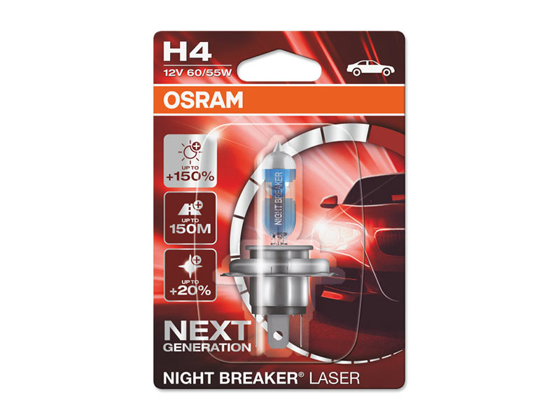 Халогенска сијалица Osram H4 Night Breaker Laser +150% 12V, 60/55W, P14.5s, 1650/1000lm, 1 бр. во блистер