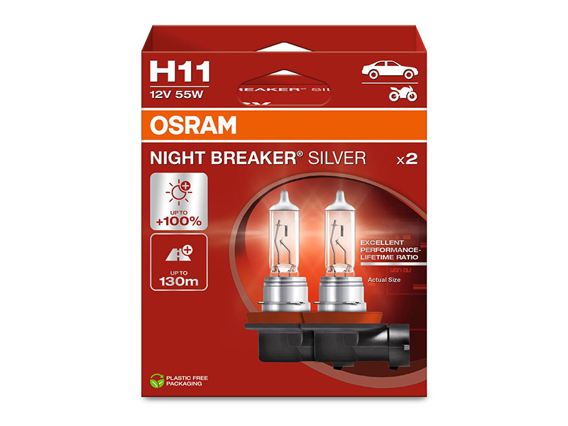 Комплет 2 бр. халогенски сијалици Osram H11 Night Breaker Silver 12V, 60/55W, PGJ19-2, 1350lm