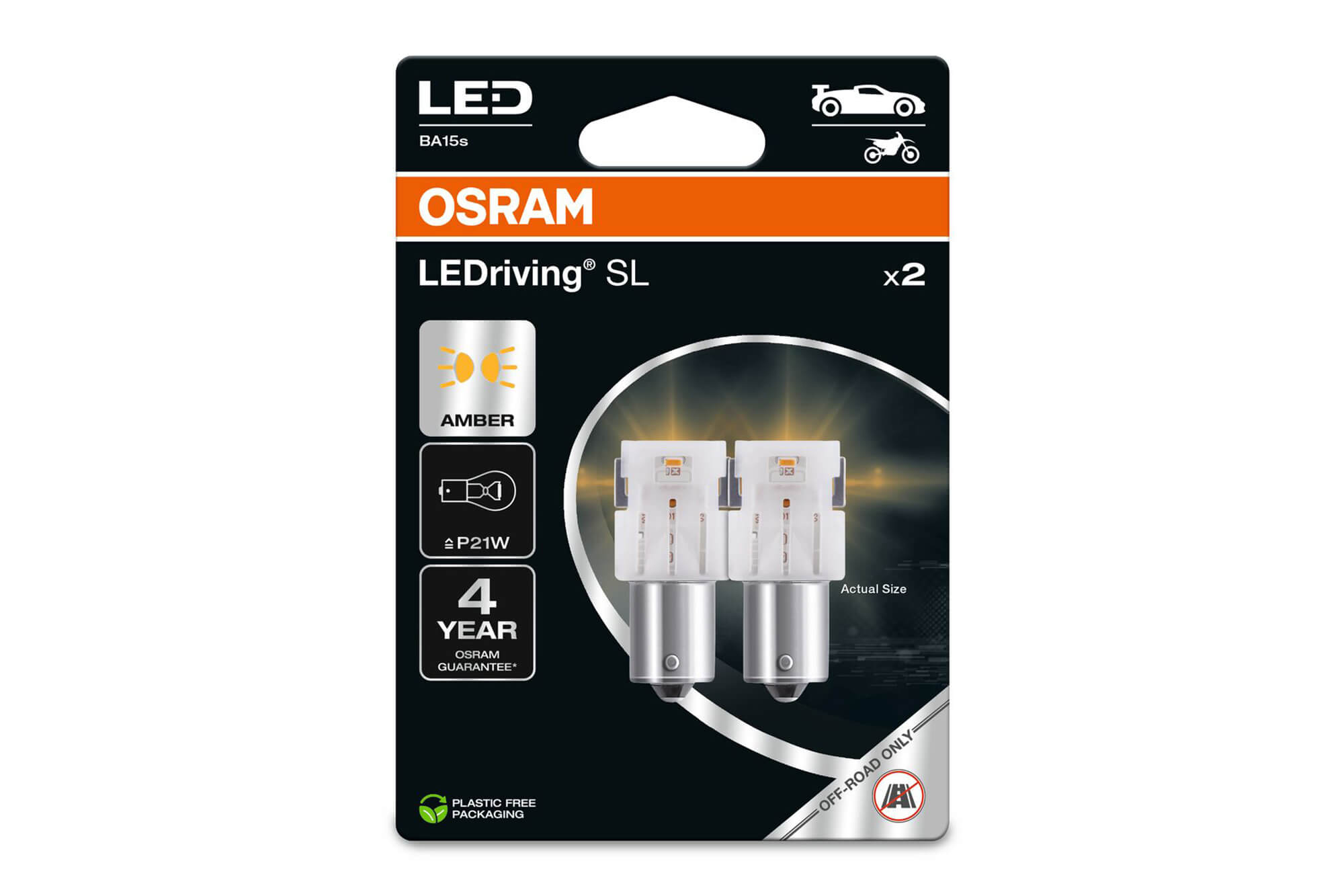 Комплет 2 бројки LED сијалици Osram тип P21W кехлибар, 50LM, 12V, 1.30W, BA15s