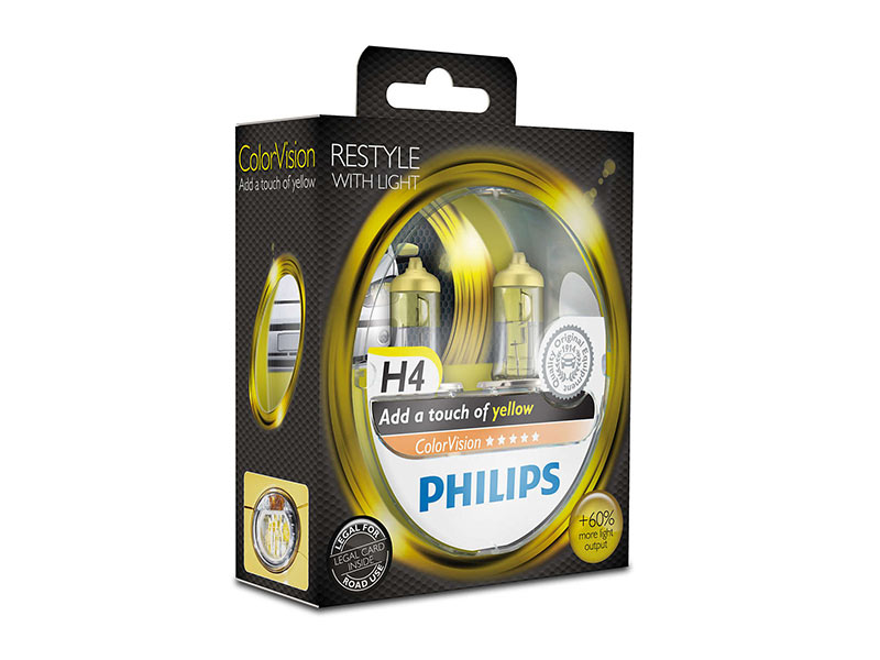 Комплет 2 бр. халогенски сијалици Philips H4 Color Vision12V, 60/55W, P43T-38, жолти