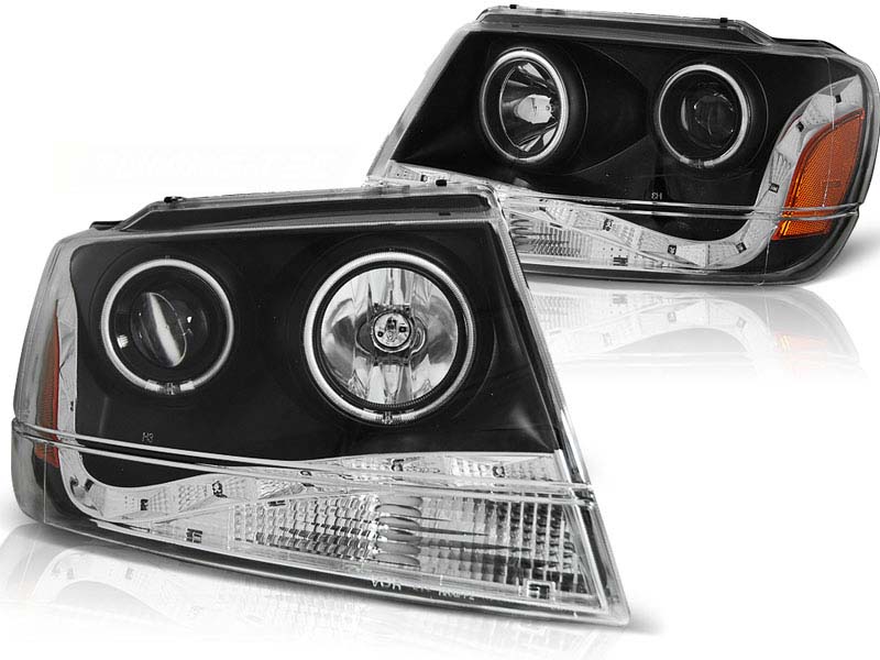 Комплет тунинг фарови со CCFL ангелски очи и LED лента за Chrysler JEEP GRAND CHEROKEE 1999-05.2005 , лев и десен