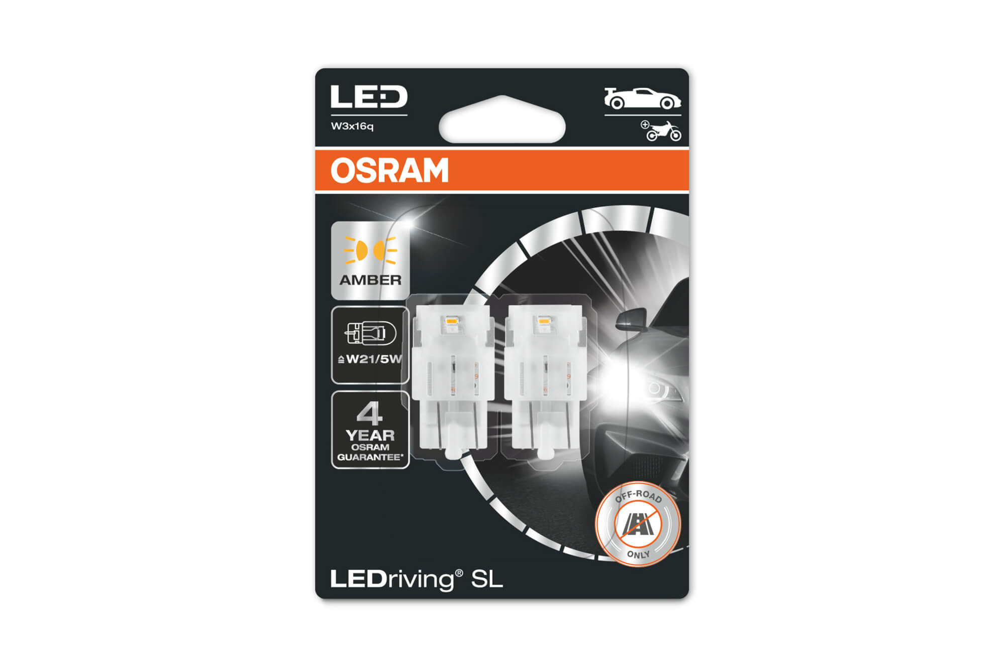 Комплет 2 бројки LED сијалици Osram тип W21/5W кехлибар, 55LM, 12V, 1.30W, W3x16q