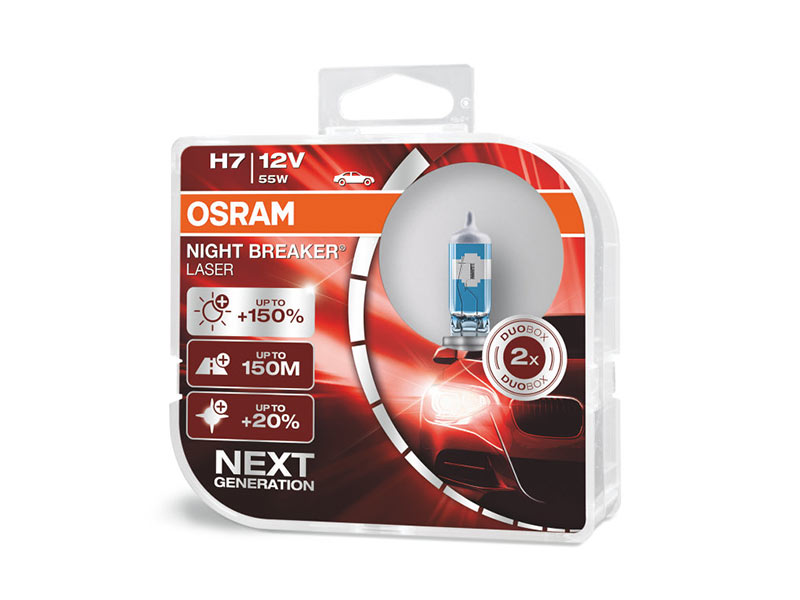 Комплет 2 бр. халогенски сијалици Osram H7 Night Breaker Laser +150% 12V, 55W, PX26D, 1500lm