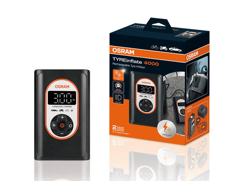 Компресор Osram TYREinflate 4000 за гуми, 8.3 Bar, 12V DC, 90dB, со вградена батерија 5000mAh