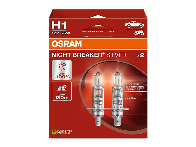 Комплет 2 бр. халогенски сијалици Osram H1 Night Breaker Silver 12V, 55W, P14.5s, 1550lm