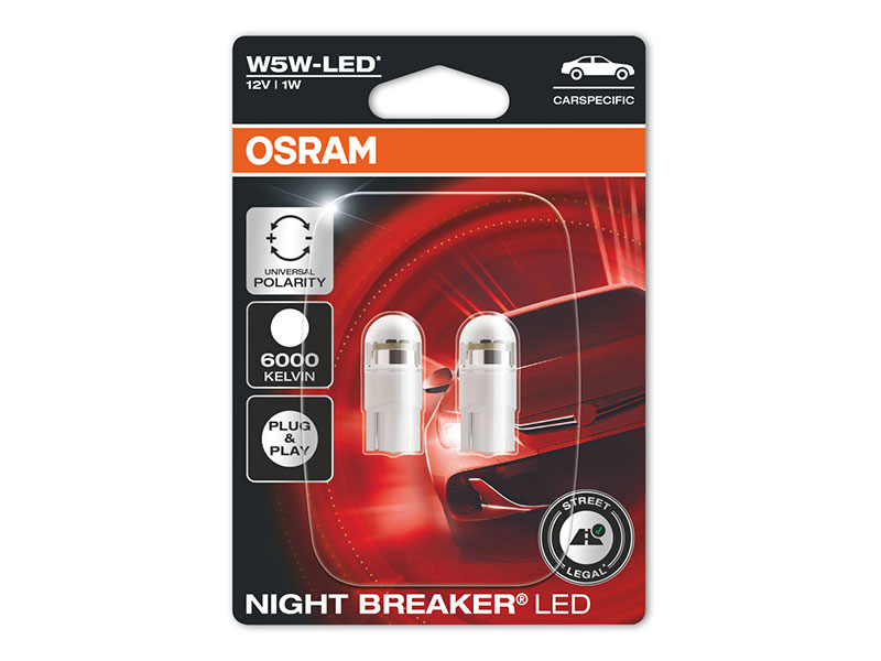 Комплет 2 бројки LED сијалици Osram тип W5W Night Breaker бела 6000K, 70LM, 1W, 12V, W2.1x9.5d