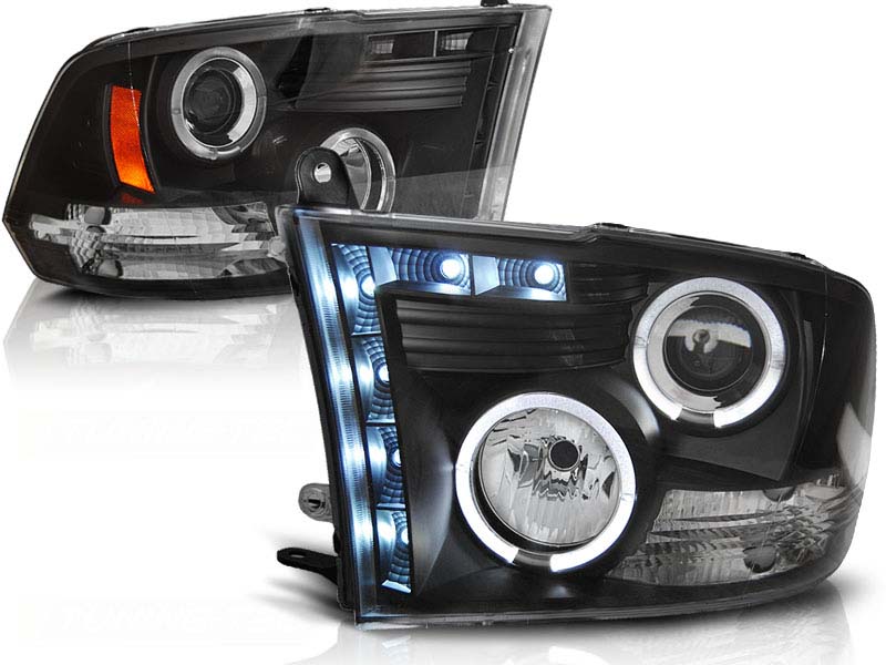 Комплет тунинг фарови со халогенски ангелски очи и LED лента за Dodge RAM 2009-2011 , лев и десен