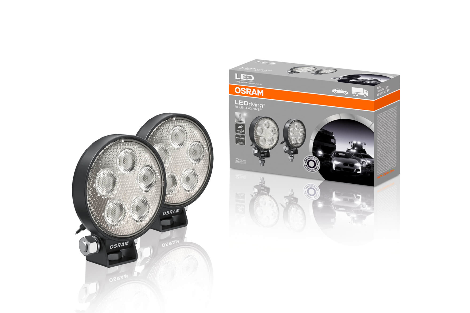 Комплет 2 бројки округли LED барове Osram Round VX70-SP 83x64x108mm, 6000K, 1150LM, 7.5W, 12/24V, IP67, E-mark E4