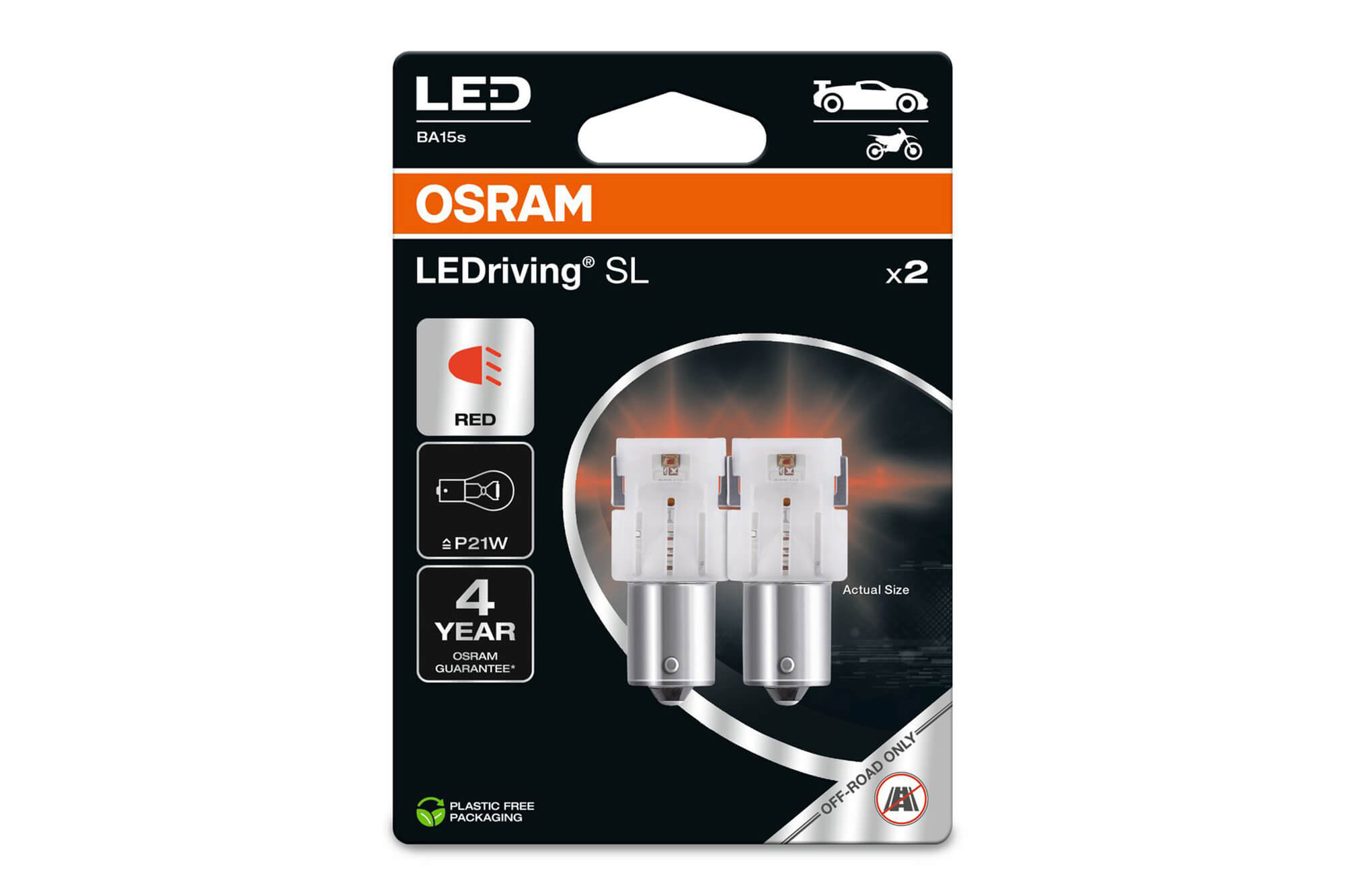 Комплет 2 бројки LED сијалици Osram тип P21W,црвени, 12V, 100LM, 1.40W, BA15s