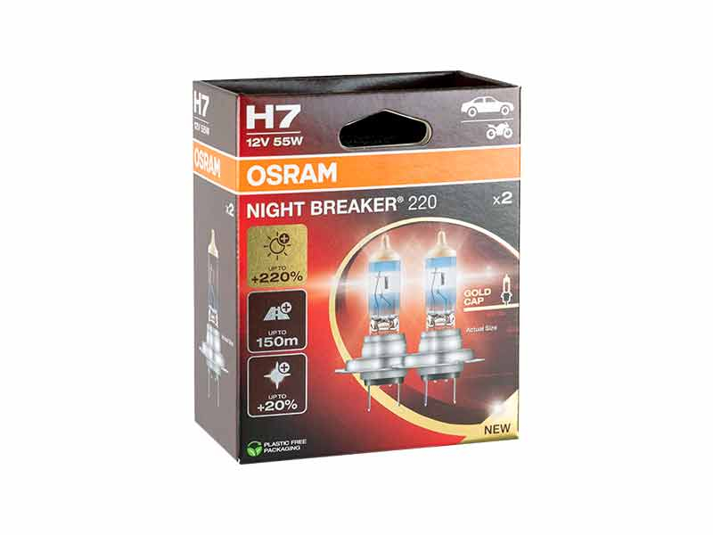 Комплет 2 бројки Халогенски сијалици Osram H7 Night Breaker 220 12V, 55W, PX26d, 1500lm