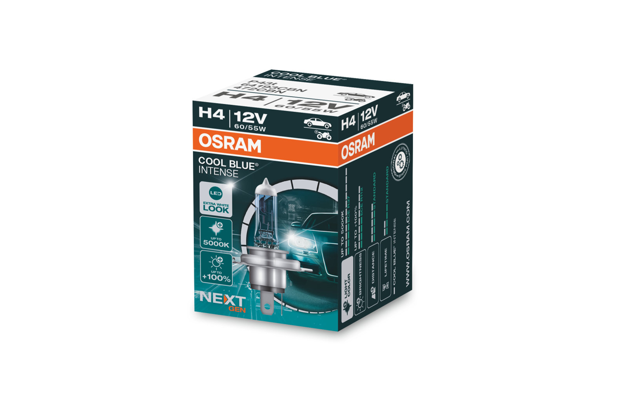 Халогенска сијалица Osram H4 Cool Blue Intense Next Gen 12V, 60/55W, P43t, 5000K, 1650/1000lm